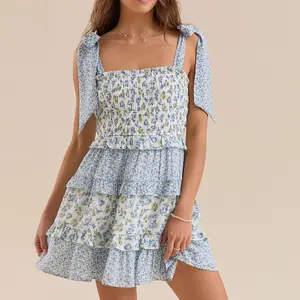 Women Tie Shoulder Mini Dress Floral Ruffle Babydoll Dress Boho Square Neck Sundress Cute Summer Dresses Chic Casual