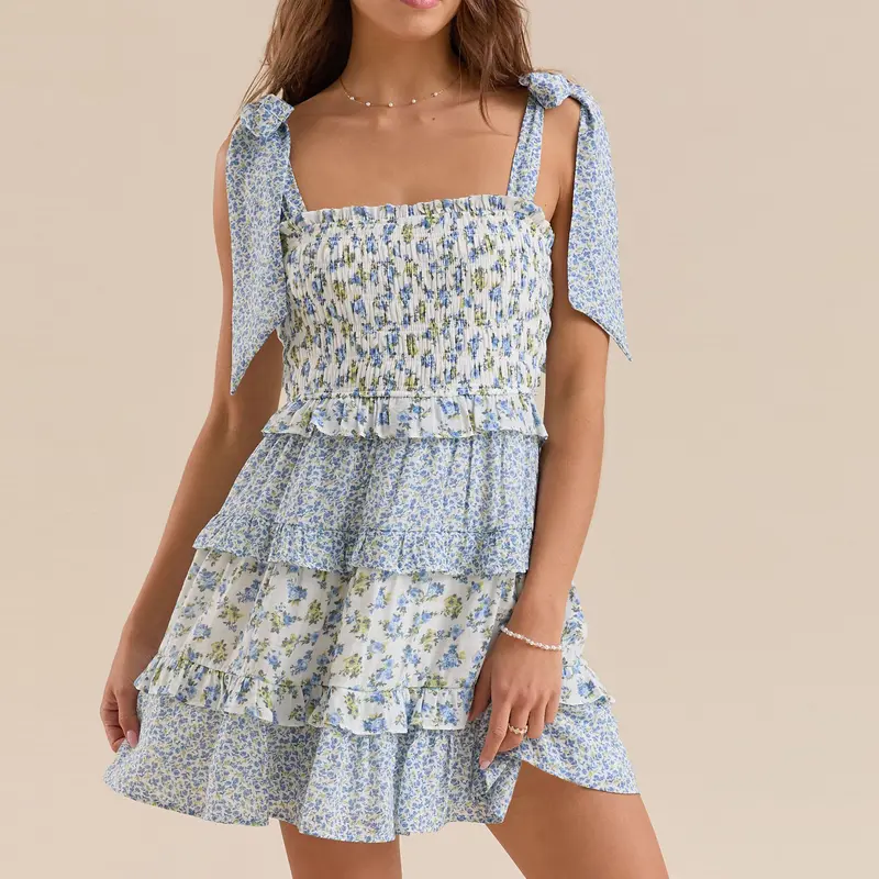 Women Tie Shoulder Mini Dress Floral Ruffle Babydoll Dress Boho Square Neck Sundress Cute Summer Dresses Chic Casual