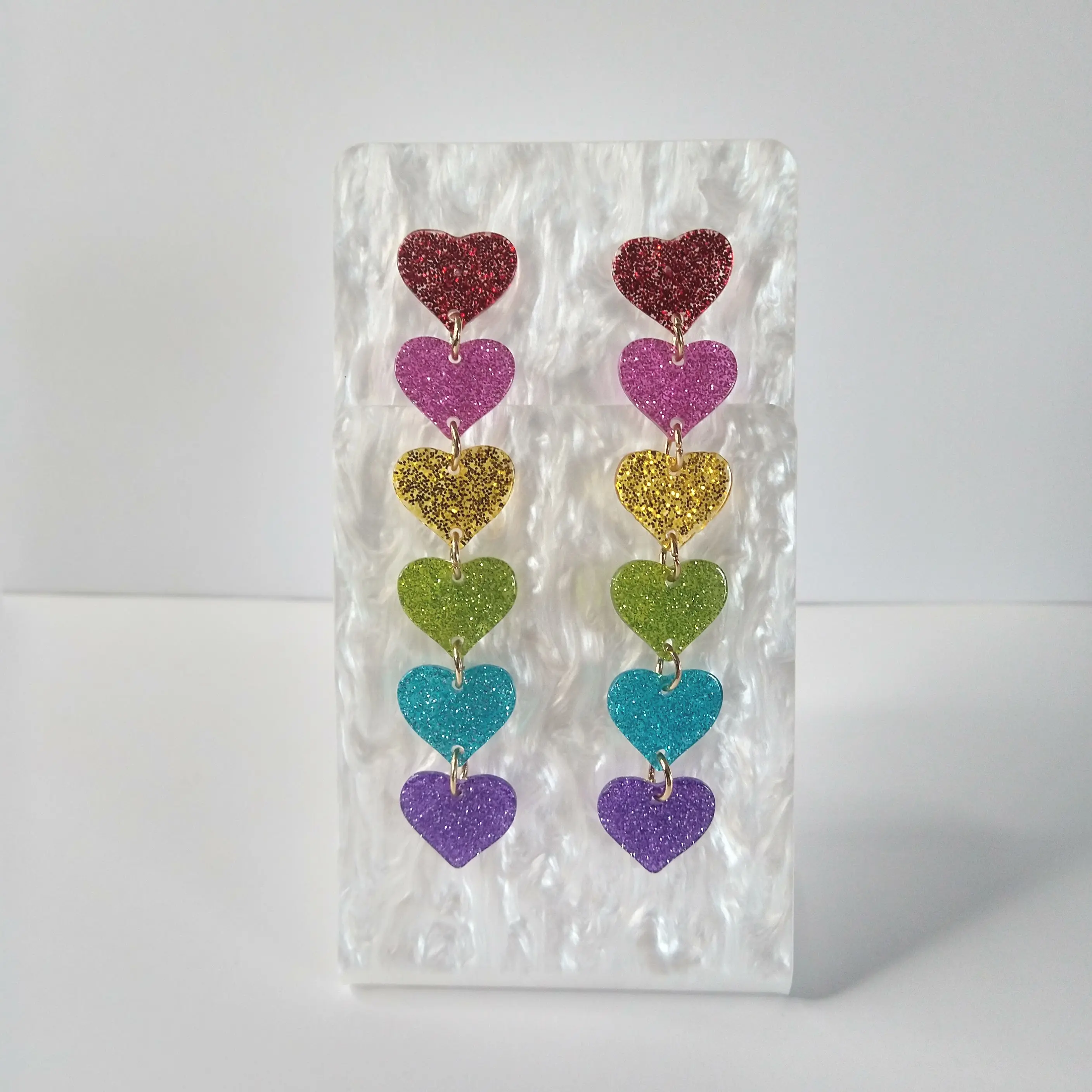 #225 Rainbow Colored Glitter Dangle Heart Stud Earrings, Casual, Pride, Acrylic