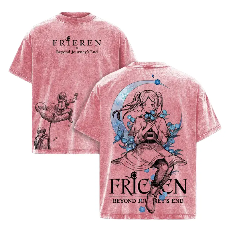 Frieren Beyond Journey’s End Washed Vintage Heavy Cotton Oversized Anime Manga Hoodie T-Shirt Set, Retro Unisex Streetwear Graphic Tee, Fantasy Healing Journey Edition Japanese Anime Merch