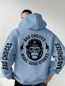 New Men's Hooded Sweatshirt with Sunglasses Monkey Print, Graphic Hoodie, Soft Stretch Knit Fabric, Casual Fitted Style, All Season Wear, Casual Streetwear Sweatshirt