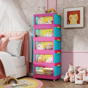 Happy Color,20" Side Wide Folding Storage Cabinet ,5 Tiers,19.69"*11.81"*50.00",Collapsible Storage Bins with Magnetic Door, Plastic Storage Cabinet with Wheels    RR