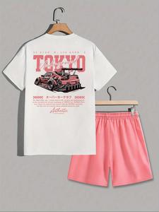 two-piece set men's car print crewneck tee & shorts, regular fit casual round neck short sleeve t-shirt & track shorts, matching shorts set, men's shortsleeve summer clothes, menswear