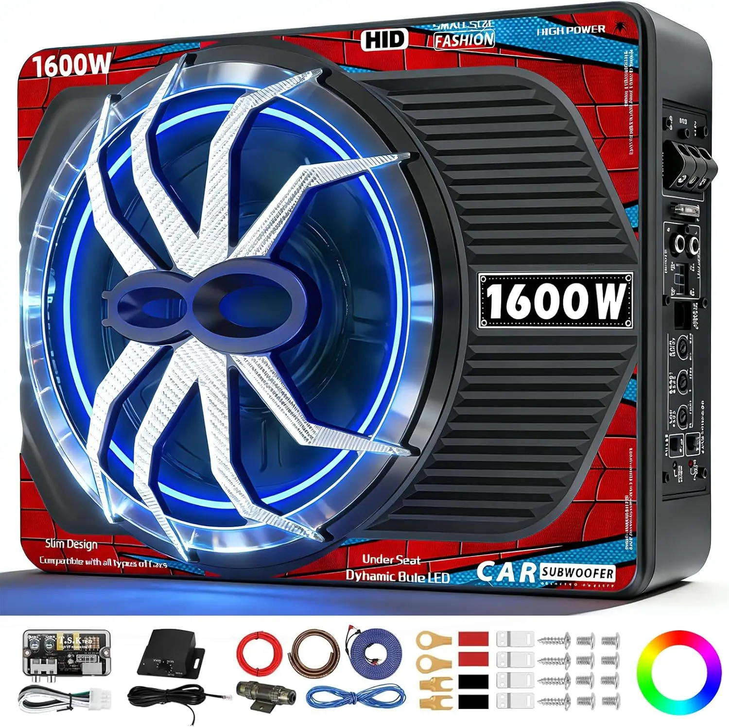 TANVSO 1600W Slim Underseat Powered Subwoofer Car Audio Bundle - Built-in Class D Vehicle Amplifier, Subsonic Deep Bass, High Excursion, Cast Aluminum for Car/SUV/Truck Audio System