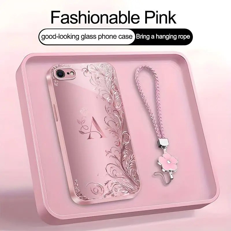 Suitable for [iPhone 8 Plus] high-end women's phone case🤩，a beautiful four-leaf clover lanyard is included🍀，a free four-leaf clover lanyard is included, with 26 letters of the alphabet to choose from and exquisite flower patterns YM99