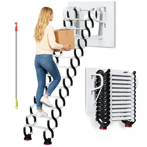 12-Steps Wall-Mounted Attic Ladder kit with Handrails, 3.1m Folding Loft Staircase, Up to 882 lbsTelescopic Fold Ladder for Attics, Garages, Roofs, Basements