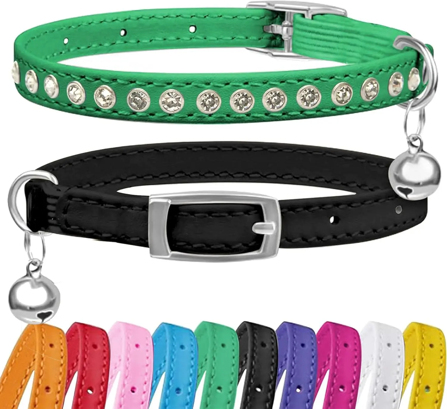 Petinstinct 2-Pack Leather Cat Collars with Bell, Rhinestone & Metal Accessories, Adjustable Breakaway Safety Collars with D-Ring & Elastic Strap for Kittens/Cats (7.5"-11.5" Neck Fit), Black & Green for Eating/Playing, Sparkling Rhinestones