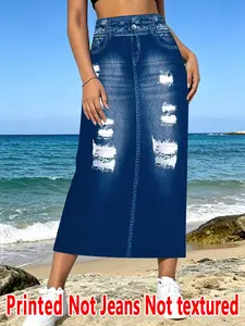 Women's Denim Print Long Skirt, High-Waisted Loose-Fit Casual Skirt, All-Over Print, Natural Waist, Spring & Summer Fashion, Womenswear, Bottom