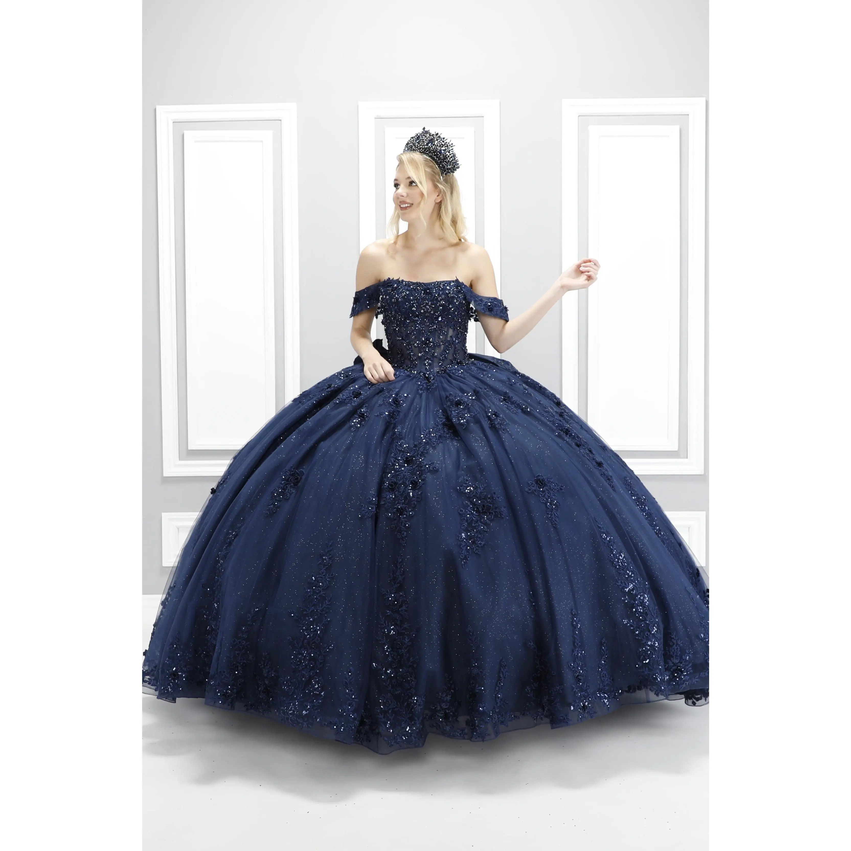 72592X – Off-Shoulder Quinceañera Dress with See-Through Corset, Full Ball Gown Skirt & Detachable Bow Pre order only!!
