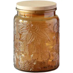 MIUVA Vintage Sunflower Embossed Glass Jar 23.7 FL OZ with Natural Bamboo Lid for Tea Coffee Candy Decorative Canister Storage Organiser Gift Thanksgiving tableware Value Pack Valentine's Day gift Christmas