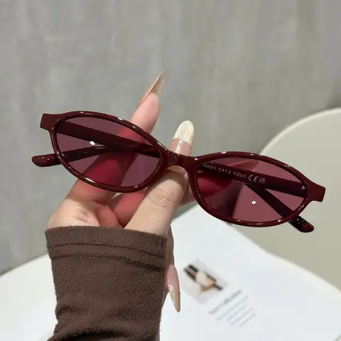Women's Wine Oval Narrow-Frame Sunglasses, Millennial Y2K Style, Casual Stylish Glasses, Eyewear, Perfect for Daily Commute, Street Fashion, Music Festivals, Travel Photography, Trendy Sunglasses, Trending Sunglasses