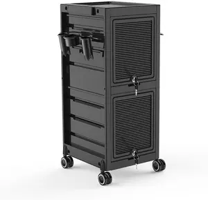 Lockable Salon Trolley Cart with Wheels, Barber Station Cart with 6 Salon Trays and Tool Holders, Salon Station for Hair Stylist, Black Tool Cart for Beauty Spa Barber