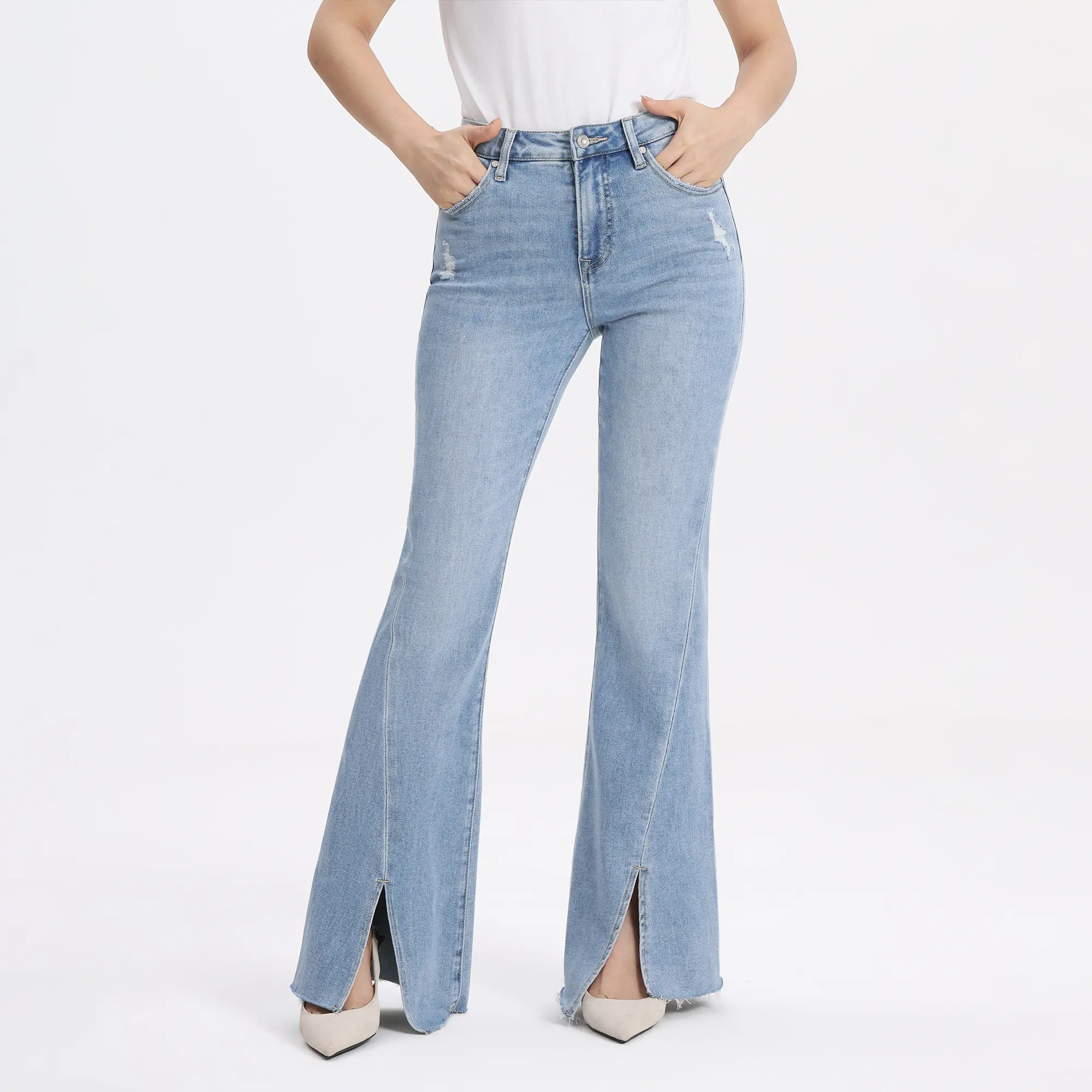 ONESO Women's Light blue Flare Denim Jeans High Rise Denim Classic Five Pocket Construction Jeans Forward Front Hem Slit Vintage Wash Everyday Casual Style Summer Street Outfits #SummerVibesa