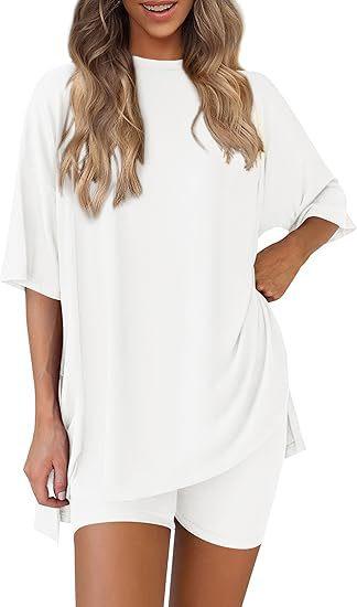 Women's 2-Piece Solid Color Lounge Set: Oversized Crewneck Half-Sleeve Tunic Top with Matching Biker Shorts - Plus Size Tracksuit Women's 2-Piece Solid Color Lounge Set: Oversized Crewneck Half-Sleeve Tunic Top with Matching Biker Shorts - Plus Size Tracksuit