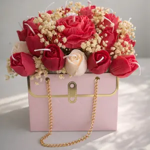Rose Luxury Bag - Pink Box with Gold Chain Handle and Red Roses for Elegant Gifting