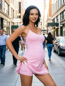 ZENIE Spaghetti Strap Bare Arm Expecting Mom Sundress With Shorts Beach Holiday Golf Apparel Preppy Style