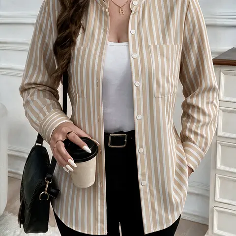 Women's Collared Neck Blouse - Drop-Shoulder Long-Sleeve Striped Button-Front All Season Shirt, Relaxed Fit Casual Top for Vacations & Commuting, Versatile Easy-to-Match Tops for Women