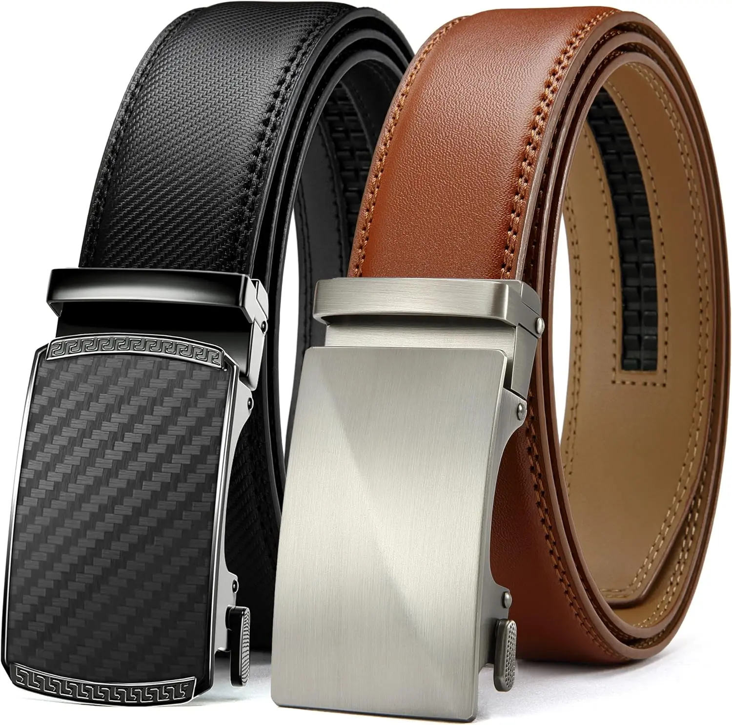 Mens Belt 2 Pack - Leather Ratchet Belt for Dress Pants (35mm) | Micro-adjustable, Smooth Sliding Track, Trim to Fit, Formal Suits, Casual Jeans, Gift Boxed