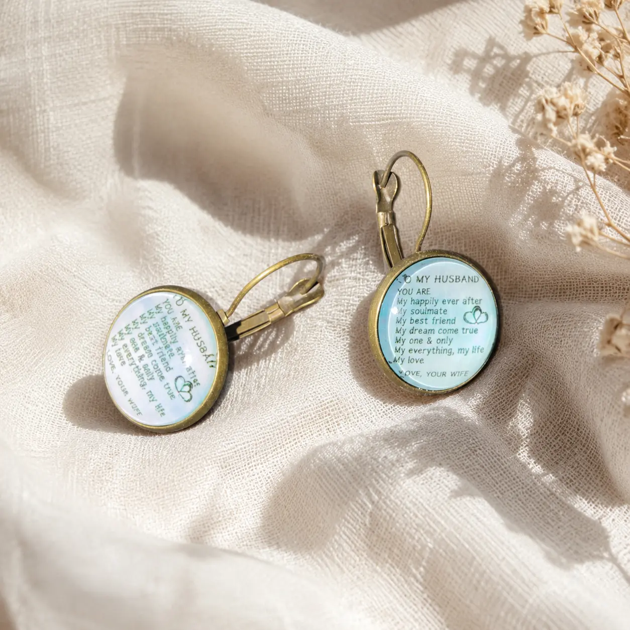 To My Husband Message Drop Earrings, Round Leverback Sentimental Fashion Jewelry Keepsake from Wife