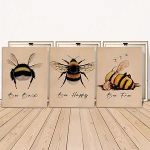 3 Counts Wooden Framed Canvas Painting, Cute Bumblebee Illustration Images, Exquisite Poster, Perfect Living Room Decoration, Modern Art, Fashion Family Poster, Wall Art Decoration, Waterproof Art