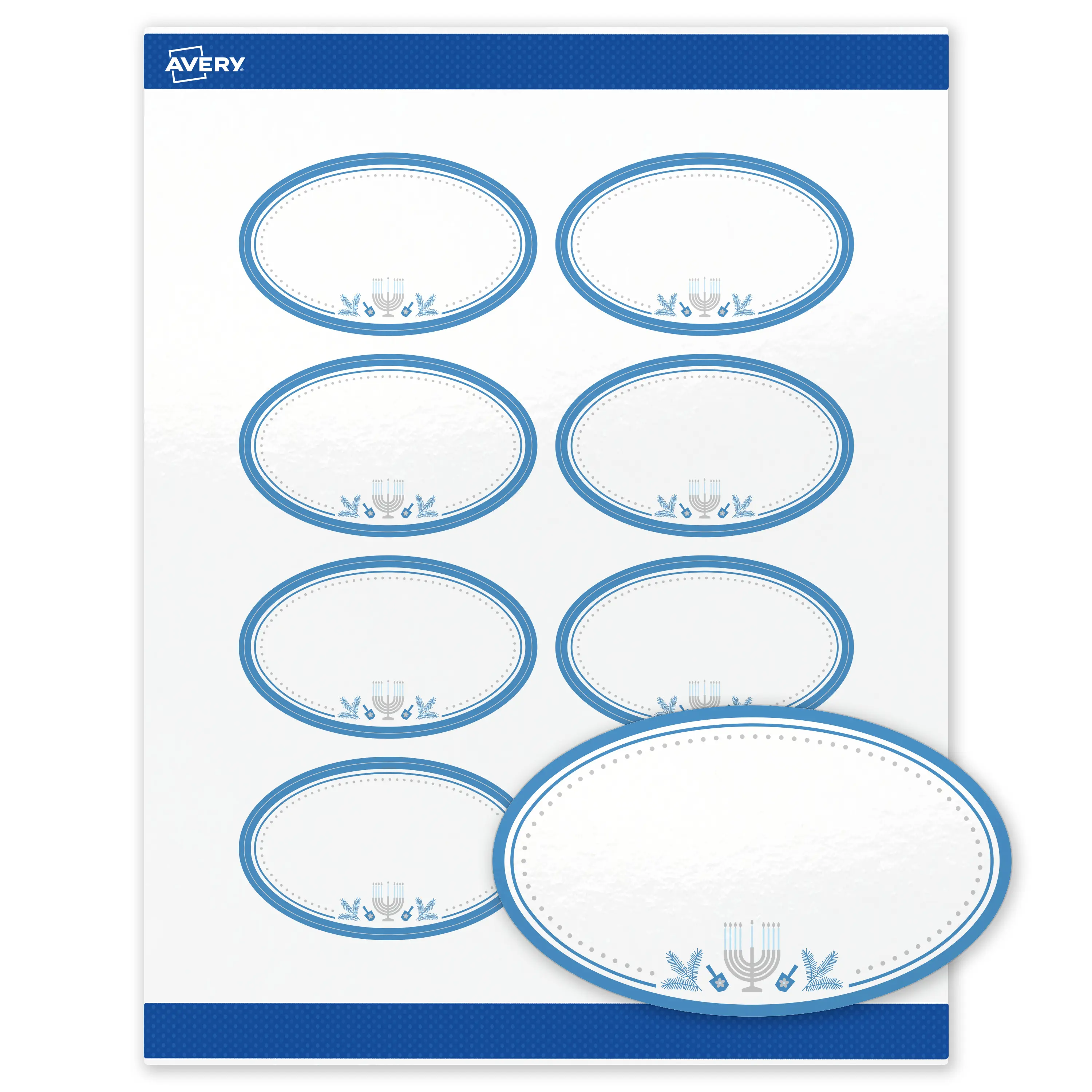 Avery® Printable Oval Labels, 2" x 3-1/3", Glossy White, Pre-printed Metallic Silver Menorah Frame Design, Sure Feed® Technology, Laser/Inkjet Compatible, 160 Total, Great for Hanukkah Branding