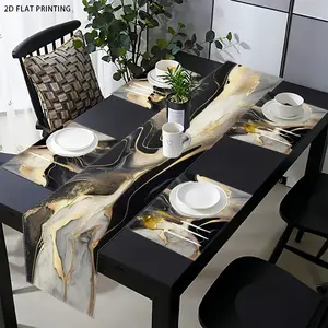 2D flat printing, 1 piece/4 pieces/6 pieces/5 pieces set/7 pieces set, abstract marble pattern table flag placemat set, holiday dressing table modern simple black gray gold suitable for kitchen, coffee restaurant, bedroom home decoration