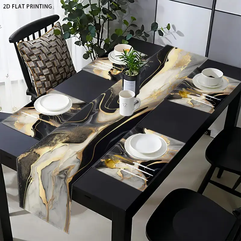 2D flat printing, 1 piece/4 pieces/6 pieces set, abstract marble pattern table flag placemat set, Household placemat, Dining table mats, modern design black gray gold suitable for kitchen, coffee restaurant, bedroom home decoration