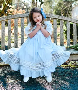 JannyBB Blue Vintage Bluebell Heirloom Dress, Puff Sleeve, Long Dress for Spring and Autumn LLL