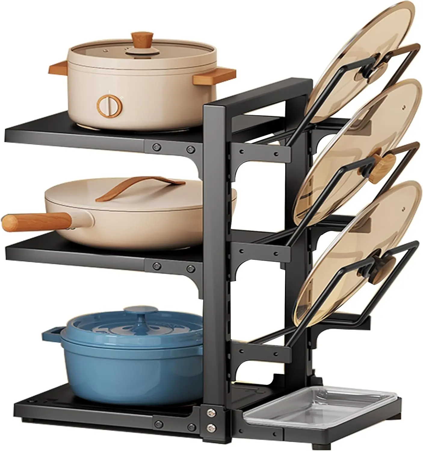 Multifunctional Adjustable Pot and Pan OrganizerRack,Floor Standing Pot Rack for Cabinet, Pot LidHolders with Drain Tray,Carbon Steel Cast lron PotRack