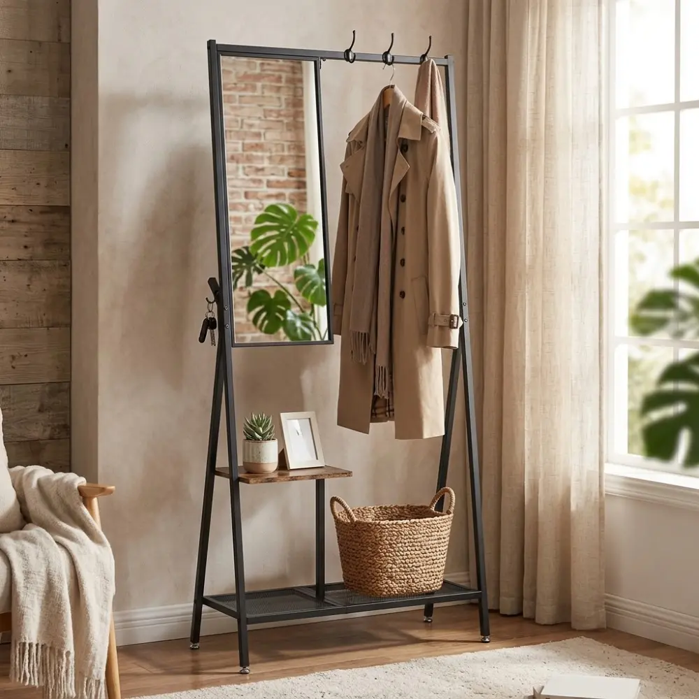 Littleox Coat Rack with Mirror, Multifunctional Hall Tree with Shoe Storage, Metal Frame, for Living Room Bedroom 73x32x15 Inches, Industrial Style, Rustic Brown and Black