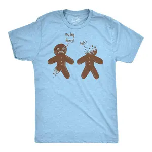 Mens My Leg Hurts Huh T Shirt Funny Gingerbread Christmas Cookie Holiday Tee Mens Funny T Shirts Cool Vintage Fashion T-Shirt Gift Classic Menswear Christmas Apparel for Men Novelty Tees for Guys Light Blue