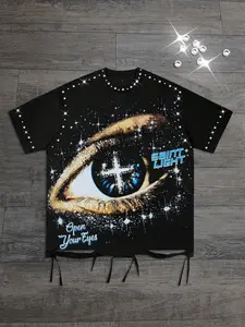 Rhinestone short sleeved perforated T-shirt for men's eyes printed short sleeved T-shirt for both men and women, including cotton short sleeved shirt, aesthetic geometric shirt, Graphic, European and American street trend T-shirt