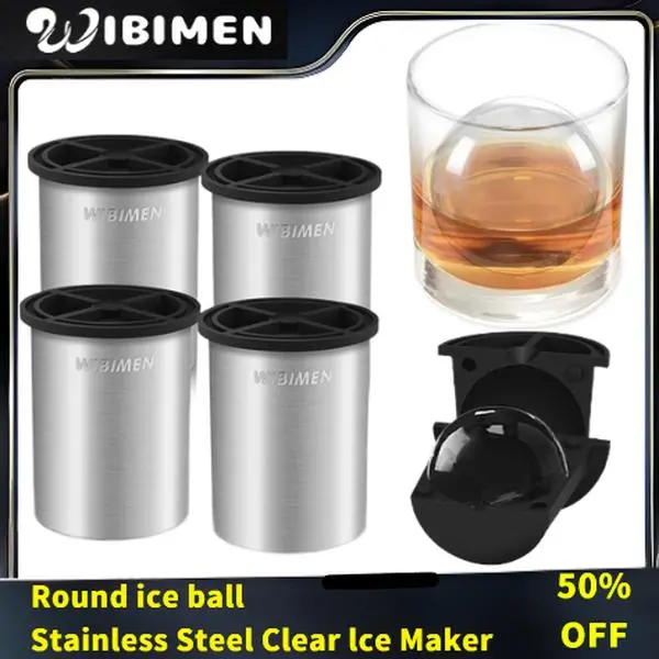 WIBIMEN Crystal Clear Ice Ball Maker  Stainless Steel & Silicone Molds  Reusable Round Ice  Trays for Whiskey Cocktails Party Drinks Durable