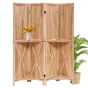 Garvee Room Divider 4 Panel 5.6FT Partition Room Dividers with 2-Tier Shelf,Freestanding Wooden Privacy Screen with Peg Board Display for Apartment and Office,