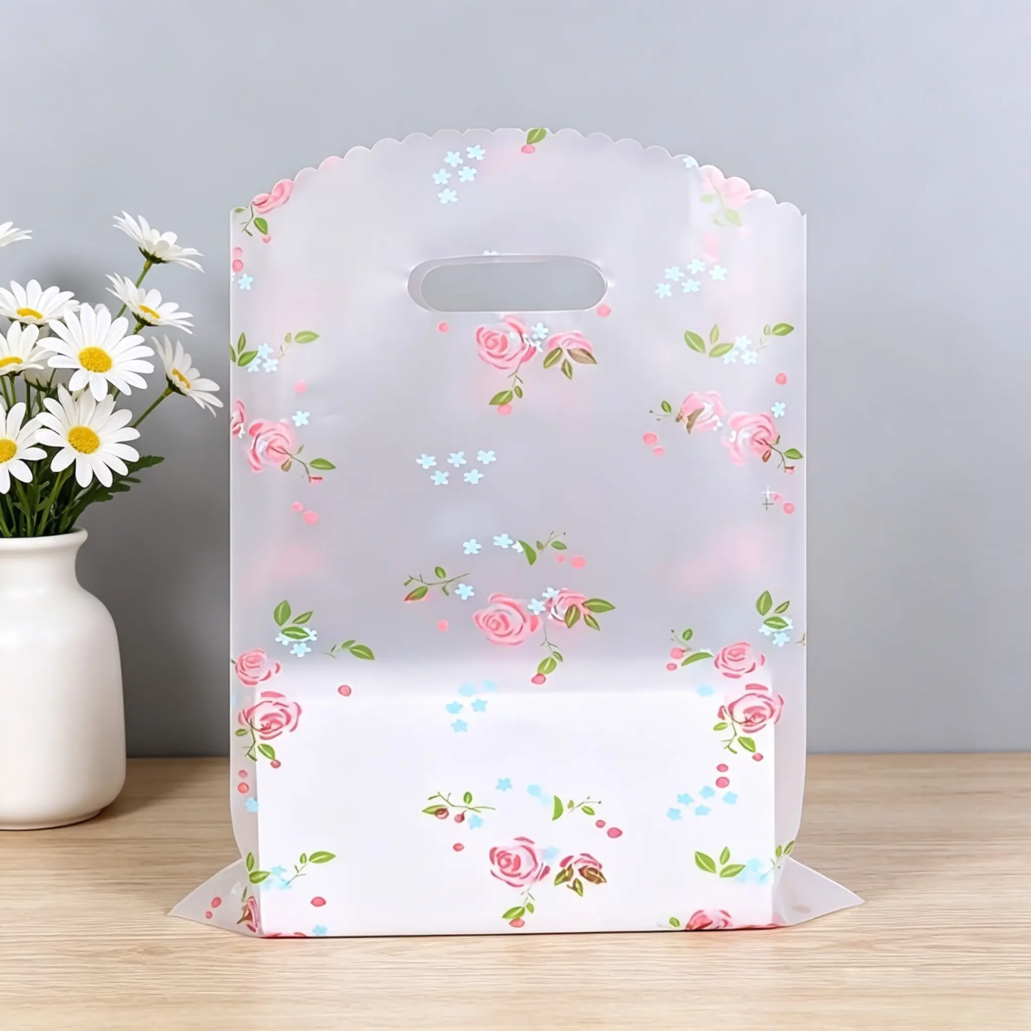 50 Pcs Rose Floral Plastic Handle Thank You Bags, Plastic Bags with Handles, Reusable Retail Grocery Totes, Ideal for Boutiques, Shopping, Gifts, Parties