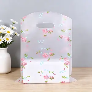 50 Pcs Rose Floral Plastic Handle Thank You Bags, Reusable Retail Grocery Totes, Ideal for Boutiques, Shopping, Gifts, Parties