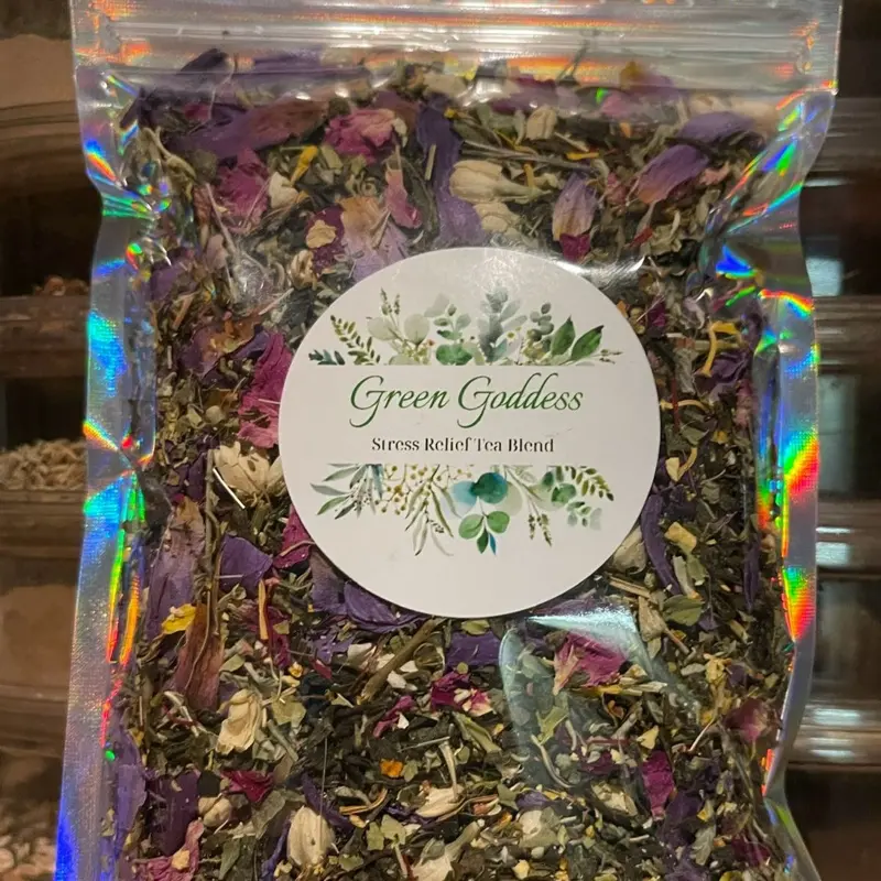 GREEN GODDESS Natural Stress Relief Damiana Jasmine Green Tea Blend with Blue Lotus and Saffron