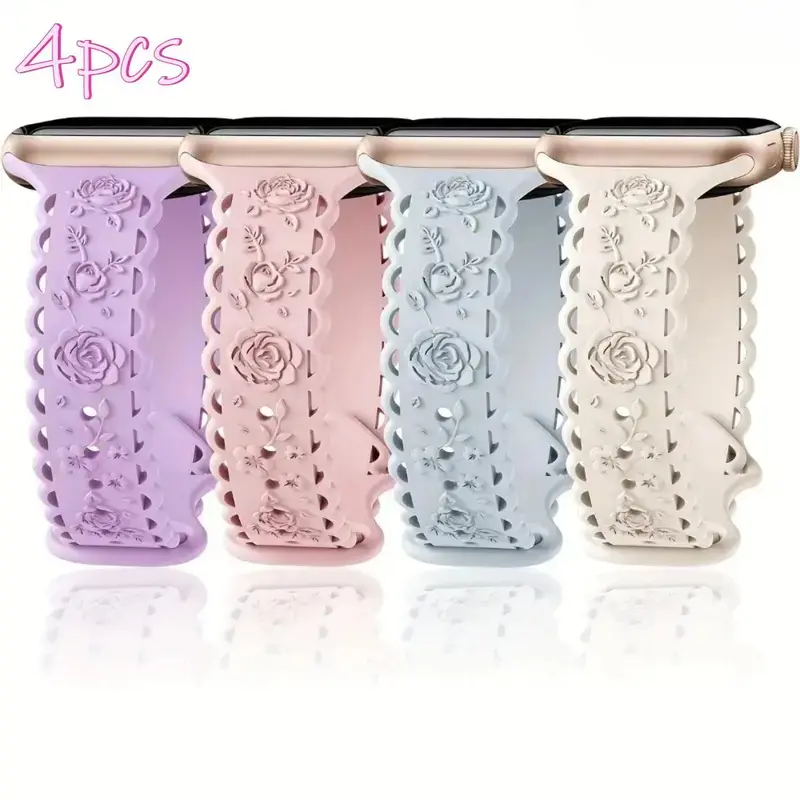 Women's 4-Pack Floral Silicone Smart Watch Replacement Bands, Slim Lace Rose Pattern Sport Straps, Compatible with 38mm-49mm Sizes, Fashion Accessory for Daily Outfits & Outdoor Activities