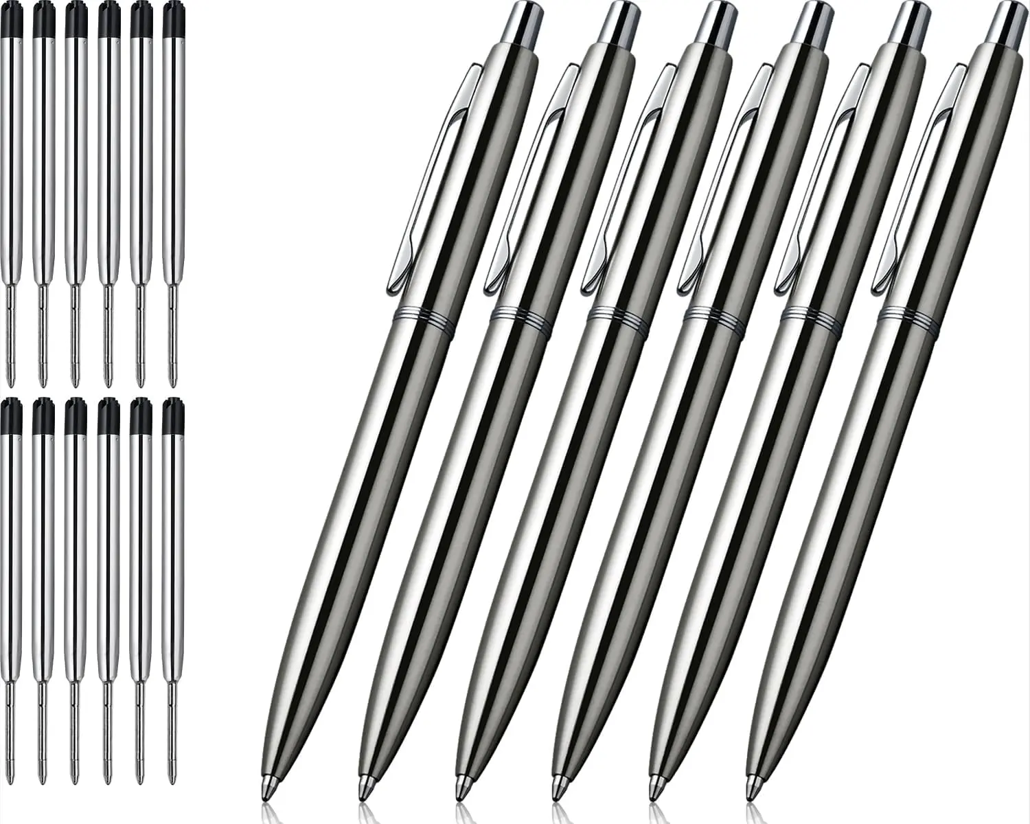 6 count Retractable Metal Ballpoint Pens, for , Business, Office, 1.0mm Medium Point Black Ink, 12 Extras Replaceable Metal Refills - Stainess Steel