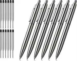 6 count Retractable Metal Ballpoint Pens, for , Business, Office, 1.0mm Medium Point Black Ink, 12 Extras Replaceable Metal Refills - Stainess Steel