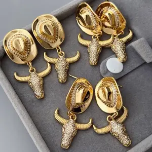 Gold Cowboy Hat & Bull Head Earrings for Women - Trendy Western Jewelry with Rhinestones - Perfect for Parties & Events