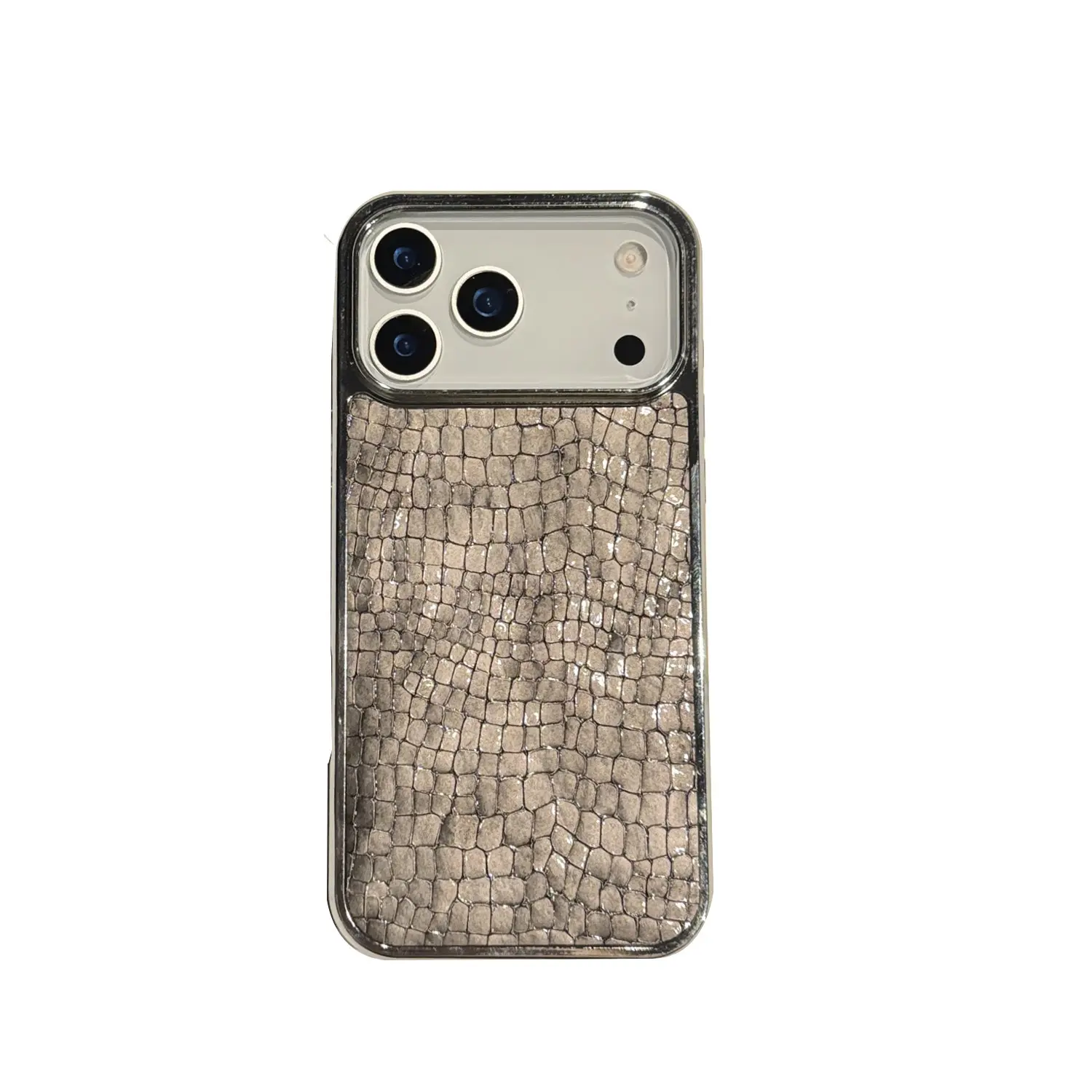 Electroplated Silver Frame Crocodile Embossed Glitter Leather Phone Case, Retro Luxury Large Cutout Camera Window Shockproof Hard Cover,Suitable for iPhone 16 / 17