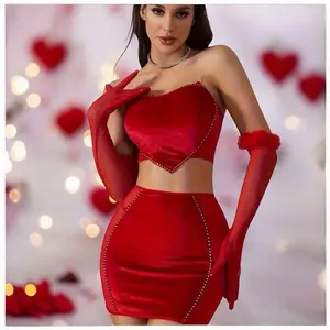 Red Heart Shaped Rhinestones Halter Set with Satin Finish Lace Details for Valentine's Day 4pcs Mesh Velvet Fabric Special Occasion