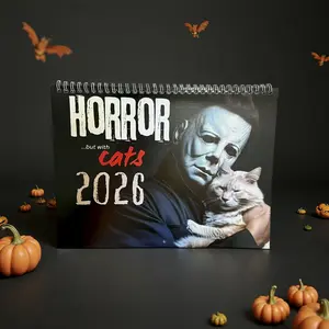 2026 Horror Cat Doodle Typography Calendar, Elegant Simple Design with Date & Holiday Markers, Perfect Gift for Cat Lovers, Office Decor