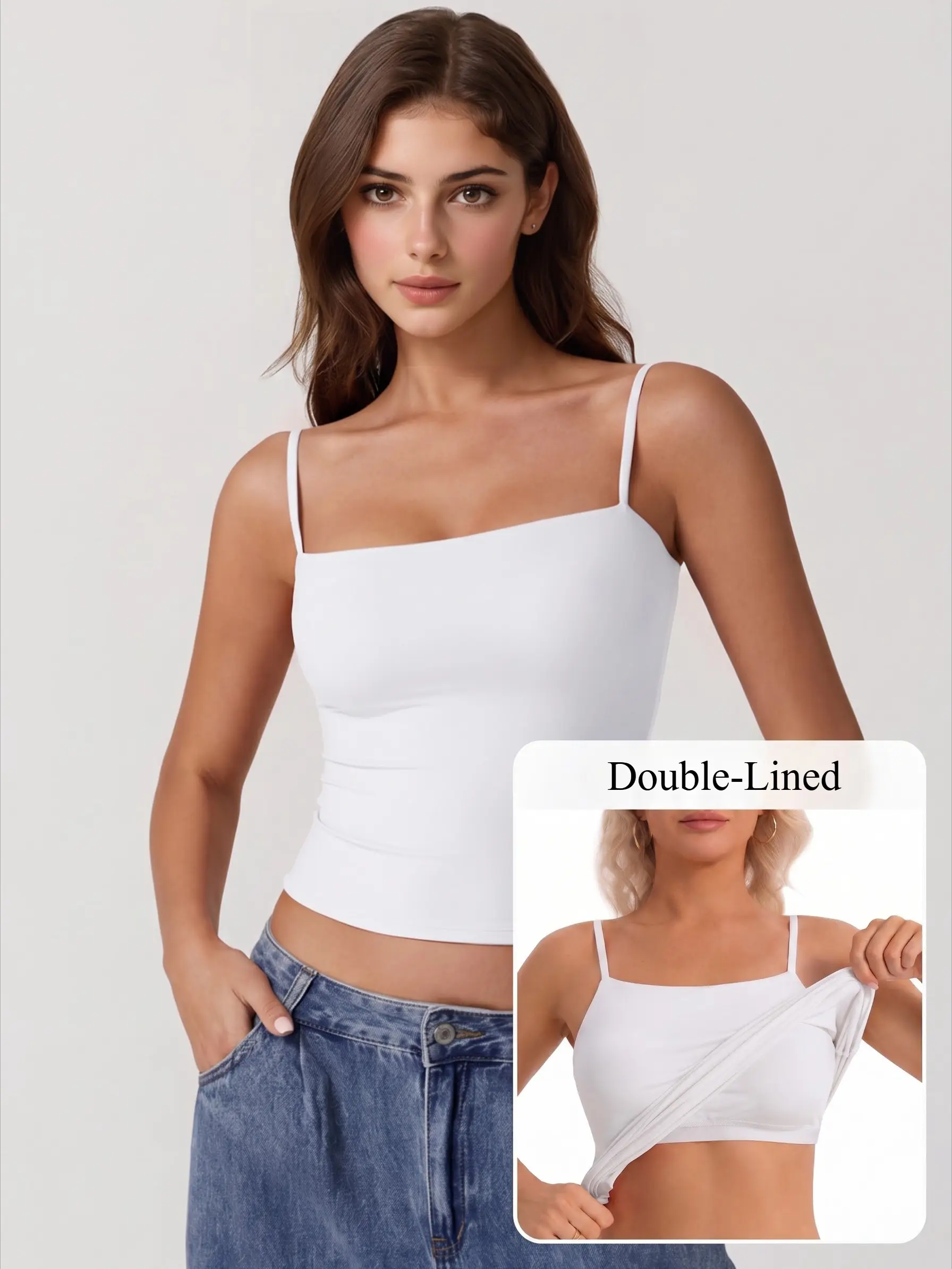 Women's Double-Lined Basic Tank Tops - Adjustable Spaghetti Straps, Sleeveless Fitted Camisole, Nylon-Spandex Fabric, Soft High-Stretch Breathable Jersey, Basic Look Fitted Cut, Curvy-Flattering All-Season Plain Crop Top, Trendy Casual Wear