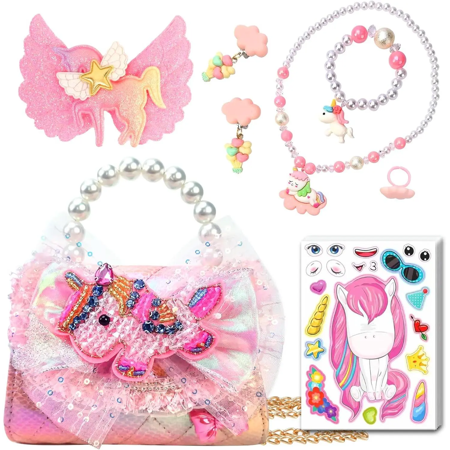 F-CPB13  Unicorn Mermaid Purse for Little Girls,Toddler Handbag with Kids Dress up Jewelry Set,Gifts for Birthday Xmas