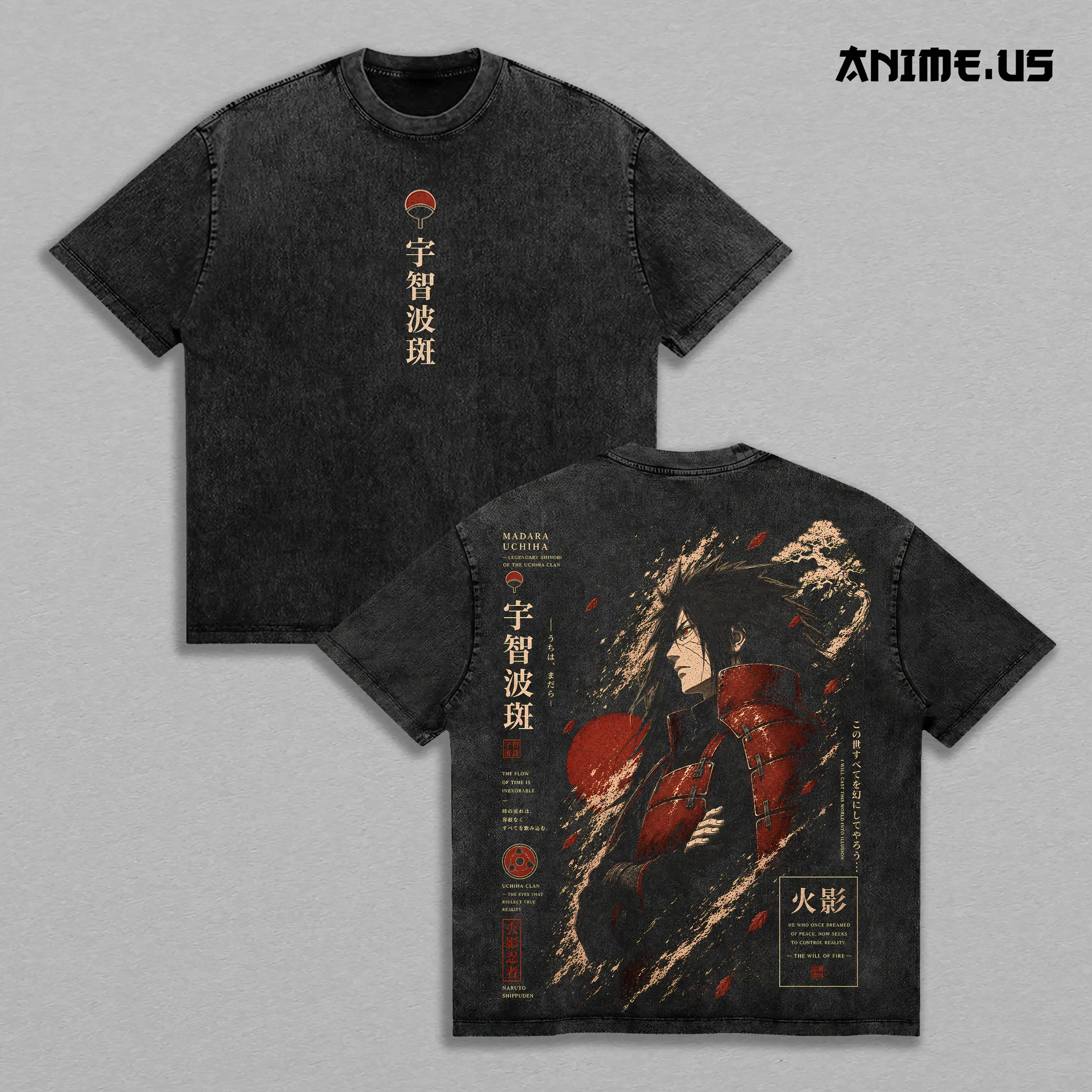 Madara Uchiha Naruto Shippuden Anime Vintage Washed Heavyweight Cotton T-Shirt Double Sided Graphic Oversized Streetwear Tee Legendary Uchiha Clan Shinobi Anime Gift for Naruto Fans