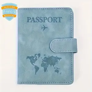 RFID blocking travel passport holder, embossed world map - pattern design - travel card holder with magnetic closure, stain-resistant and lightweight, foldable design