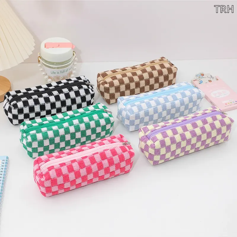 Soft Gingham Knitted Pencil Pouch, Aesthetic Large Capacity Cosmetic Bag for Students, Back to School & Travel Desk Organization, Pencils