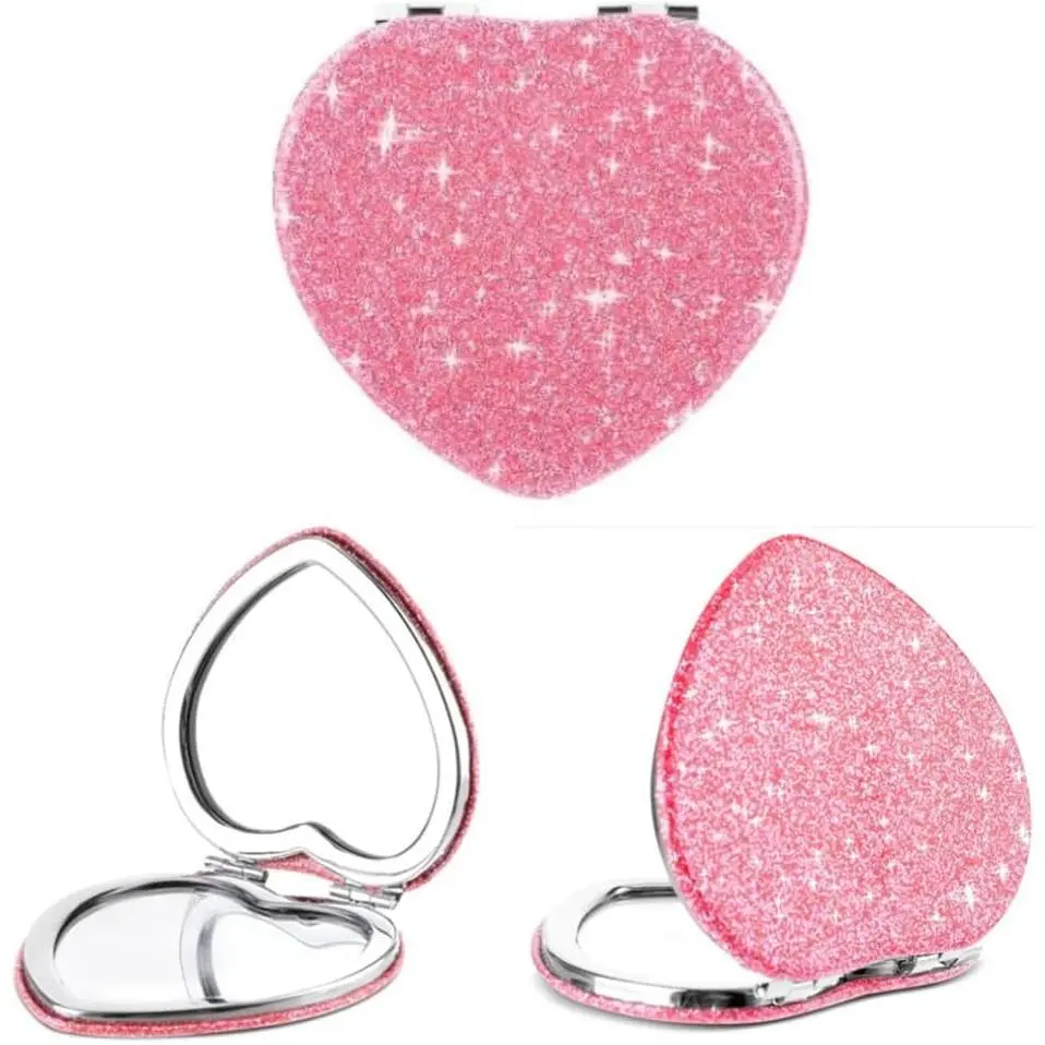 Cute Heart Shaped Compact Mirror for Women,Magnifying Travel Mirror with Glitter,Pink Small Pocket Mirror,Portable 2 x 1x Magnification Folding Makeup Mirror, Mirror for